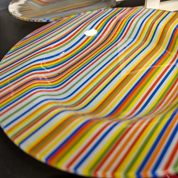Pier 1 vintage 8" pair heavy glass colorful striped salad plate/bowls